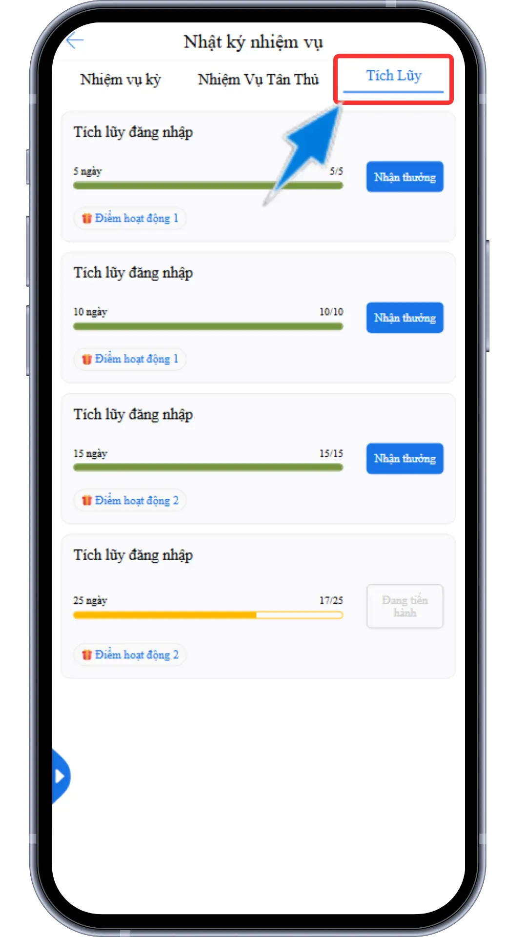 B3 : Chọn " Nhật ký nhiệm vụ " sau đó chọn tiếp vào  " Tích lũy "